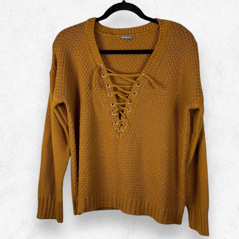Charlotte Russe Women's L Mustard Yellow Lace Up Neckline Knitted Long Sleeve